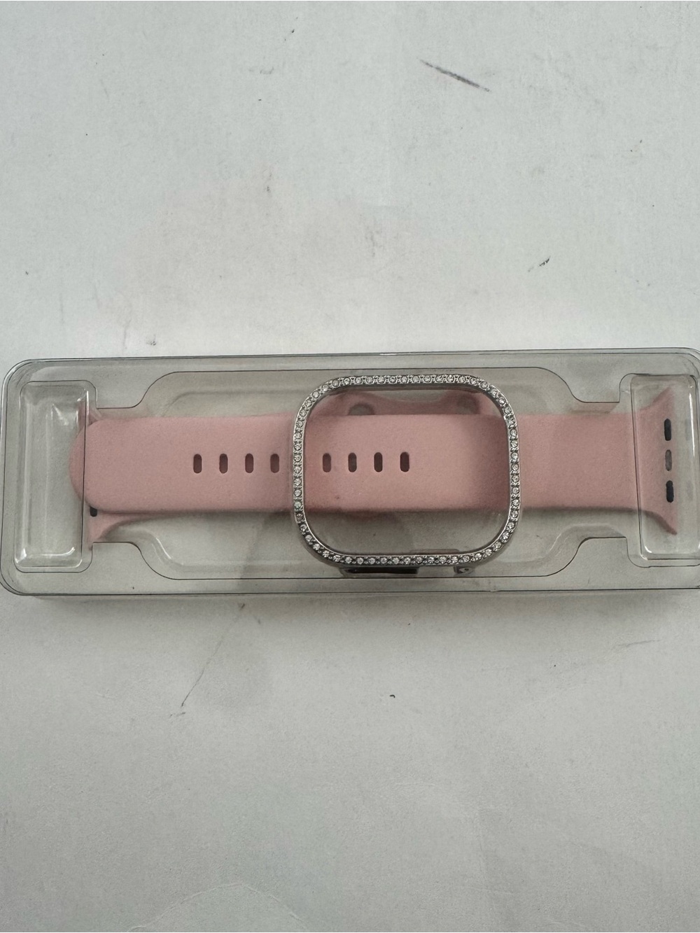 Apple Smart Watch Pink Silicone Band 49mm Silver Rhinestone Bling Cover Case Set
